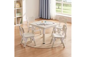 GITAWUSA Kids Study Table and Chairs Set, Height Adjustable Toddler Table and Chair Set for Kids Ages 3-8, 23.6" L x 23.6" W Graffiti Desktop Plastic Children Art Table with 4 Seats, Burlywood