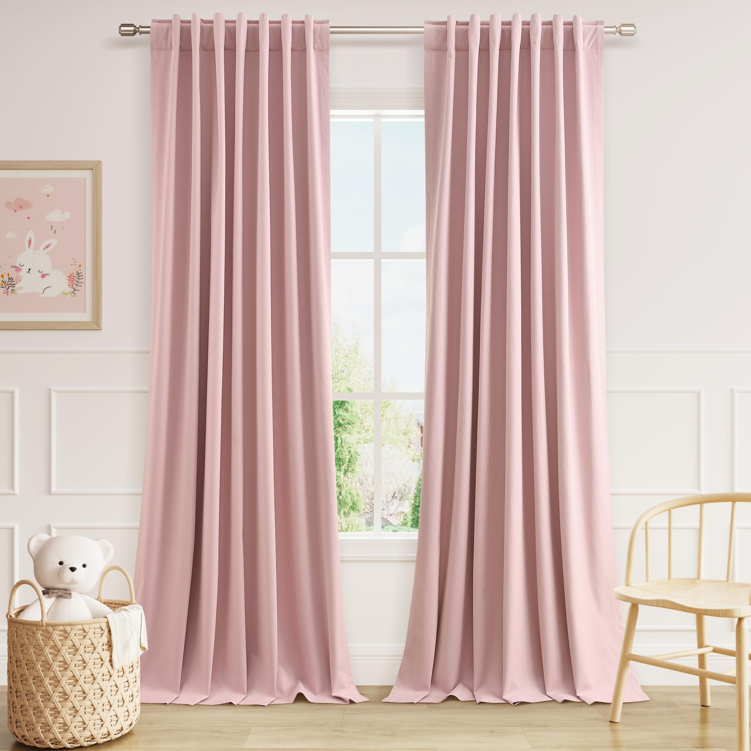 Guken Pink 100% Blackout Linen Curtains 120 Inch 2 Panels Set for Girl's Bedroom, Living Room, Nursery, Back Tab/Rod Pocket Thermal Insulated Black Out Drapes Farmhouse for Bedroom Window Curtains Image
