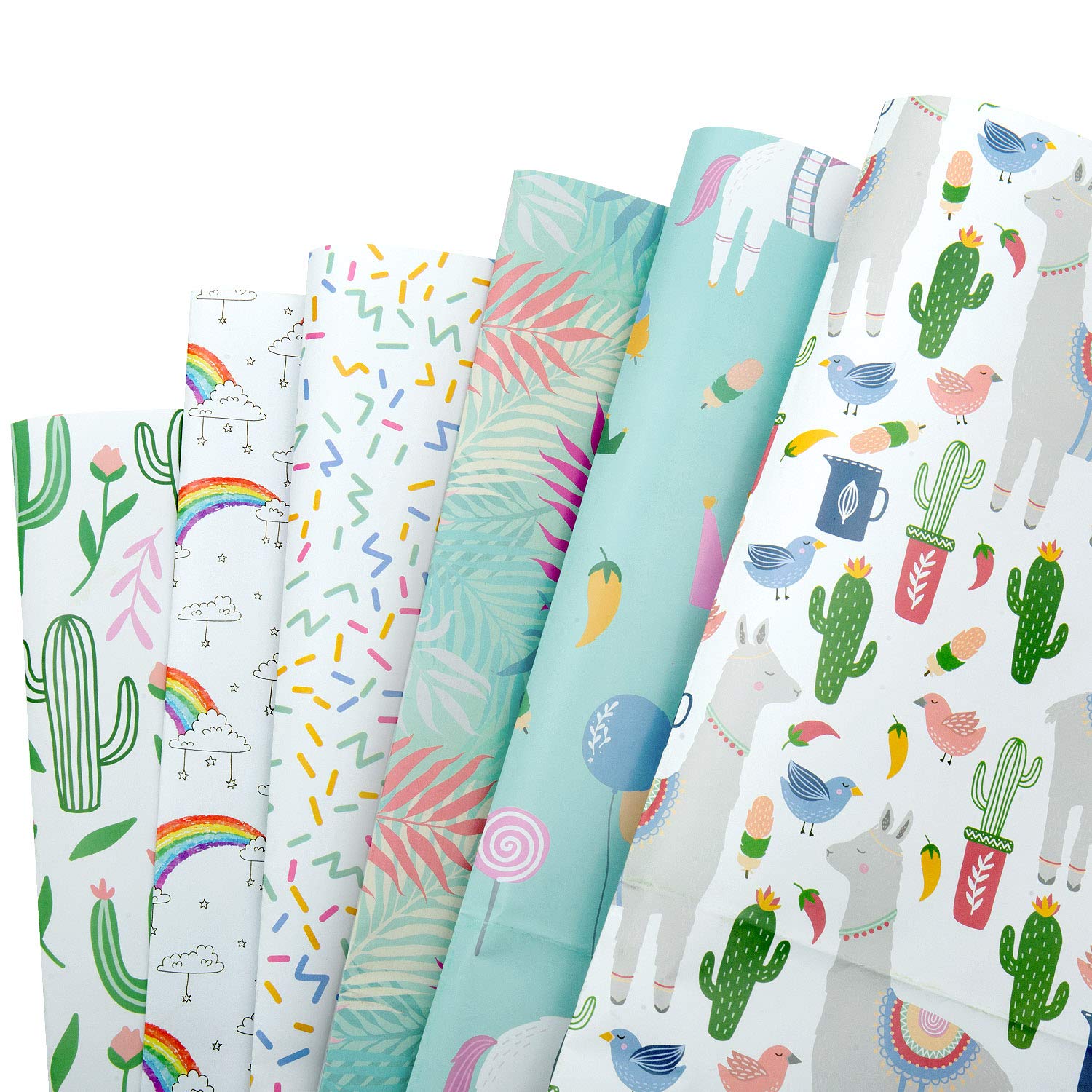 MOOKLIN Gift Wrapping Paper, 6 Sheets Kids Girls Boys Gift Wrap - Unicorn, Alpaca, Cactus, Rainbow for Women Men Children Birthday or Party, 70 x 50cm, 6 Designs