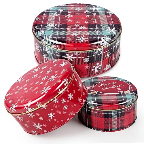 Yeenoon 3 Pack Christmas Cookie Tins with Lids, Round Sturdy Tins, Christmas Baking Cake Container for Storing Patisseries, Snack, Chocolate