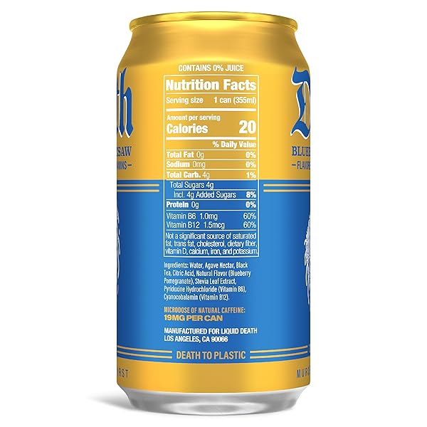 LIQUID DEATH ICED TEA – BLUEBERRY BUZZSAW (BLUEBERRY-FLAVORED BLACK TEA), LESS SUGAR*, BOOST OF CAFFEINE, B VITAMINS, NO ARTIFICIAL SWEETENERS, 12 FL OZ (PACK OF 12)