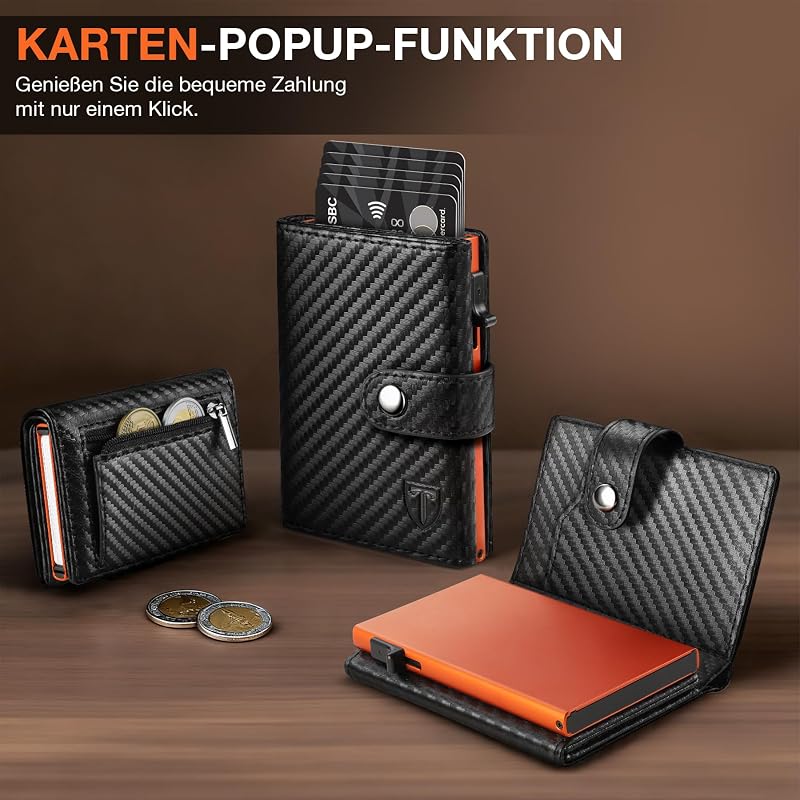 Geldbörse Herren - Portmonee Herren mit Münzfach & RFID Schutz, Hochwertige Slim Wallet, Kartenetui Klein 8-10 Karten, Premium Geldbeutel, Geschenke zum Vatertag (Schwarz & Orange)