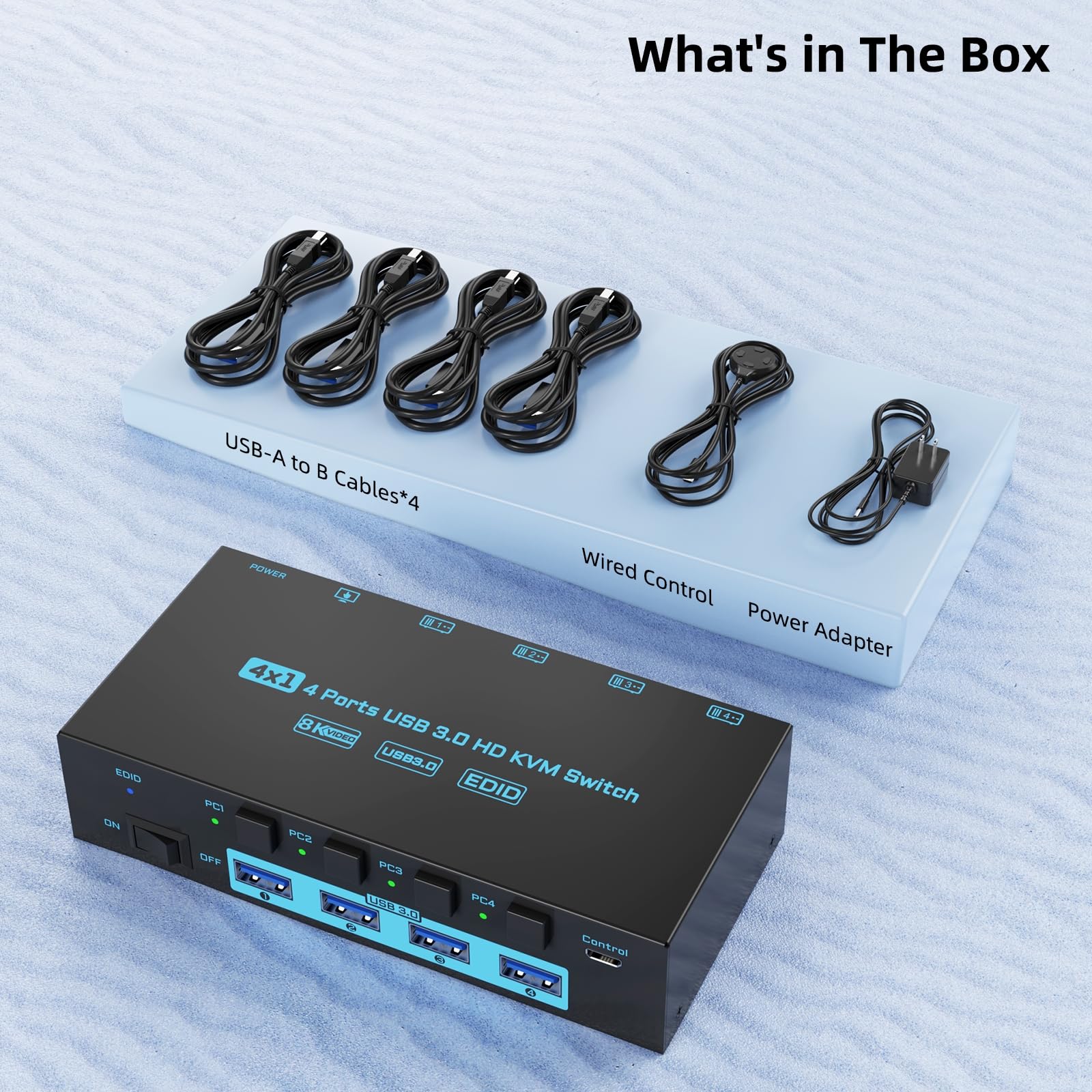 8K HDMI KVM Switch 4 Computers Sharing 1 Monitor, ANXQQ EDID Function KVM Switch HDMI 4 Port 8K@60Hz 4K144Hz for 4 USB Devices, Keyboard Mouse Switch with 4 USB Cables, Wired Control and Power Supply