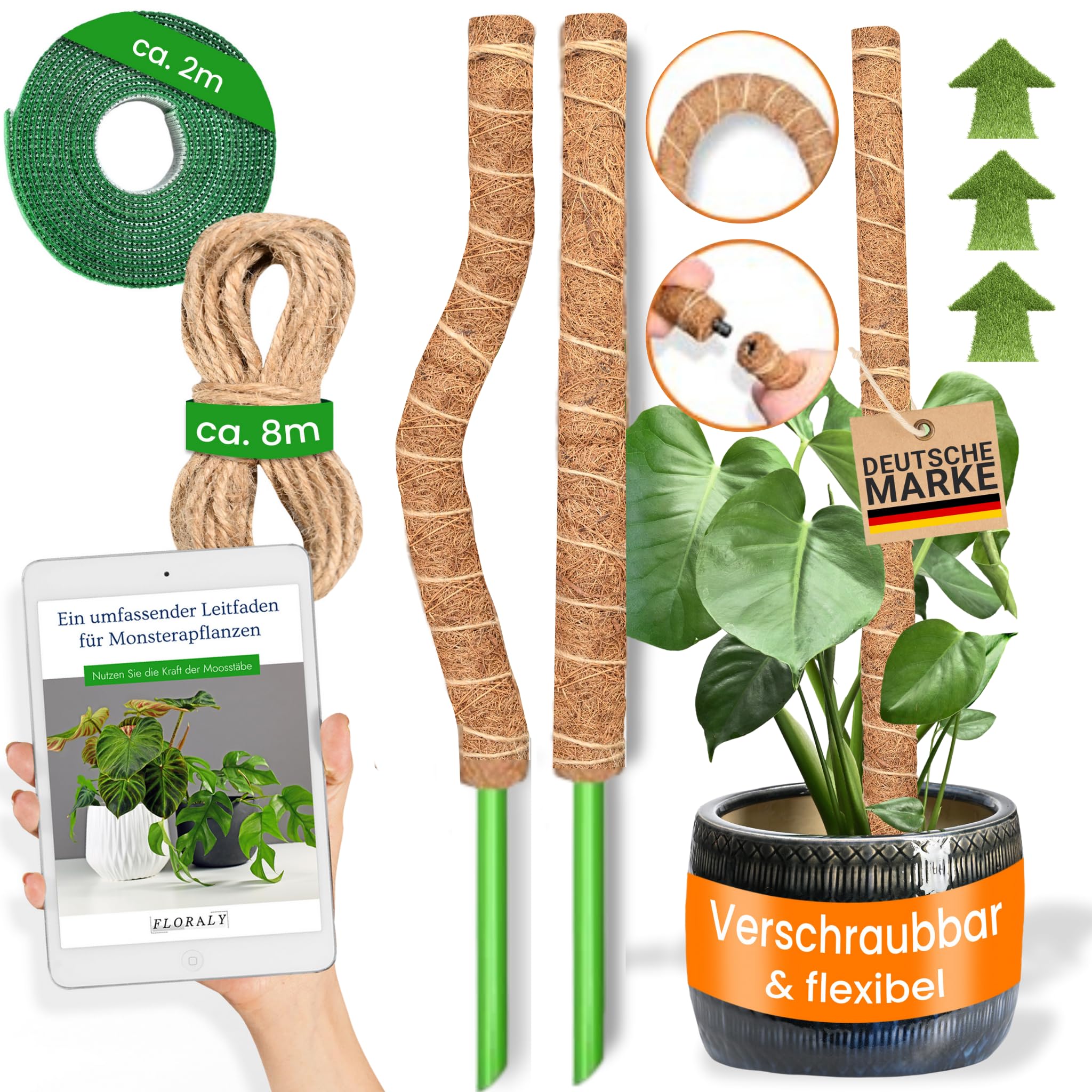 FLORALY 2 x Trellis Moss Rod for Monstera Plants + Velcro Strap up to 70 cm Flexible Trellis Coconut Moss Pole Trellis Plant Stake Stackable Moss Sticks Support Indoor Plants Climbing Plants Monstera