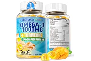 NEXTDIA Vegan Omega-3 Gummies 1000mg + Turmeric - Omega 3 Fish Oil Alternative for Adults - Algae DHA 600mg & EPA 300mg, Vitamins A, C, E, Zinc & MSM, Sugar Free, 60 Cts