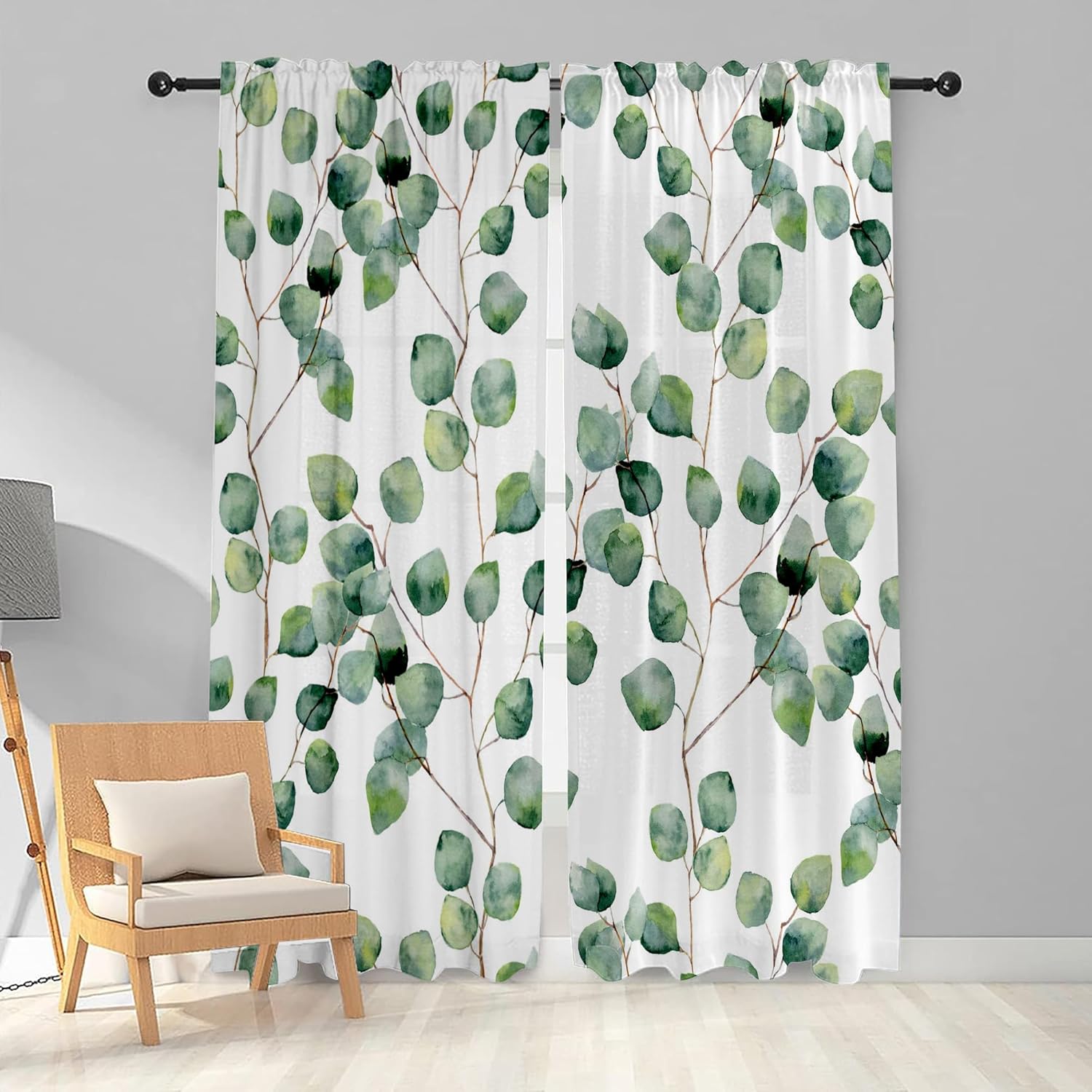 Outdoor Curtains - Suurimuuri Eucalyptus Leaf Living Room Curtains 84 inches Long Plant Vintage Botanical Flower Window Curtains for Dining Room Patio White Green Leaves Pattern Drapes for Bedroom, 2 Pieces
