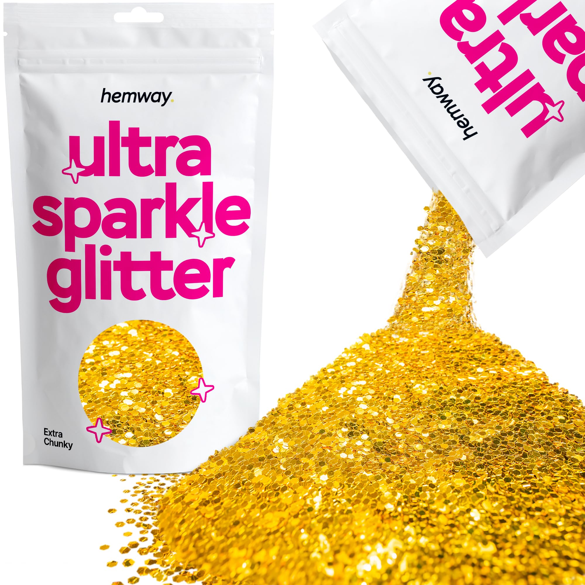 Hemway Ultra Sparkle Glitter Gold 100g Extra Chunky | Glitter for Arts & Craft, Makeup, Nail Art, Crafting, Card Making, Sparkle Decoration
