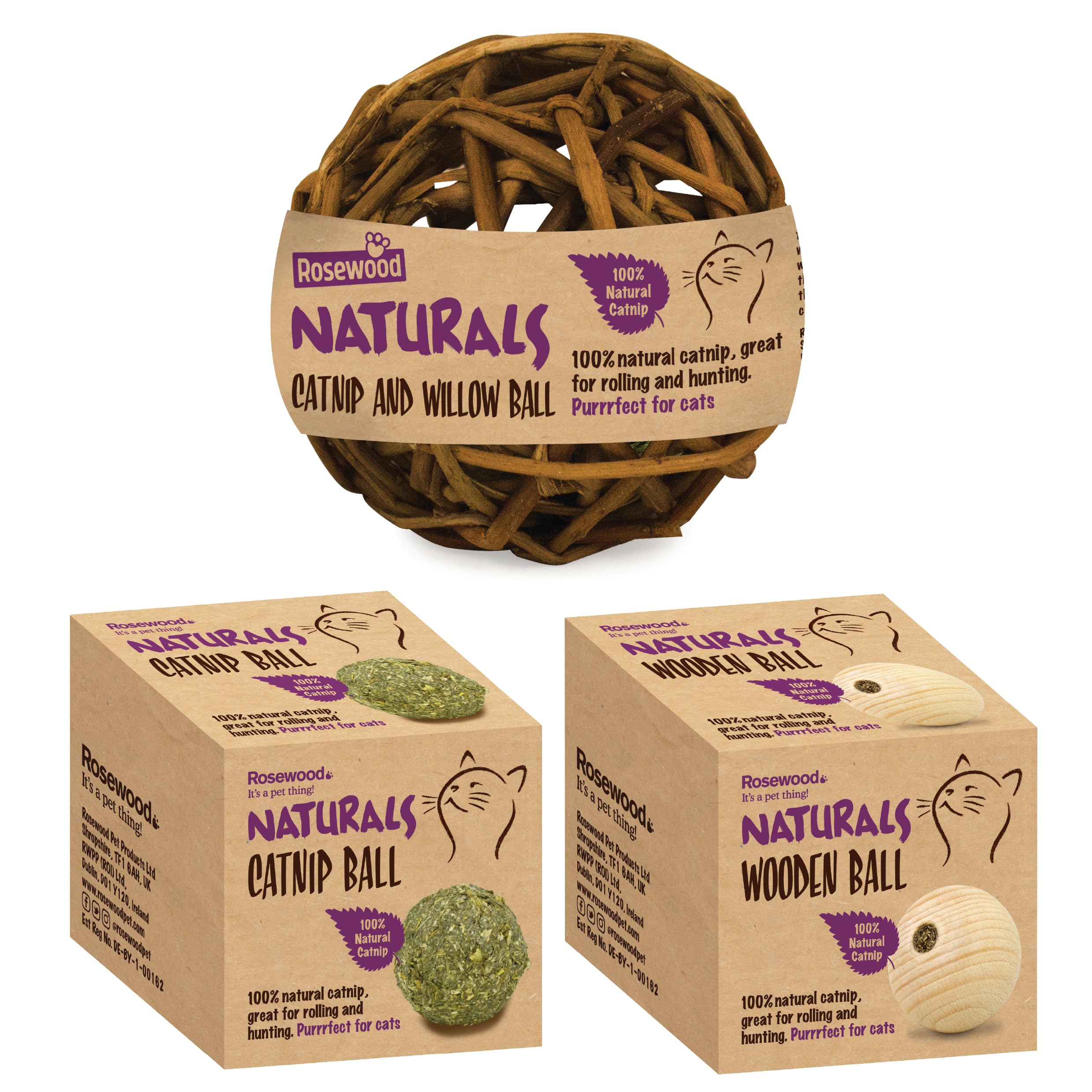 Rosewood Naturals Catnip Bundle for Cats - 3 Assorted Natural Catnip Balls, Fun Cat Toys for Engaging Play, Exercise and Stress Relief, Indoor and Outdoor Cats, Long-Lasting