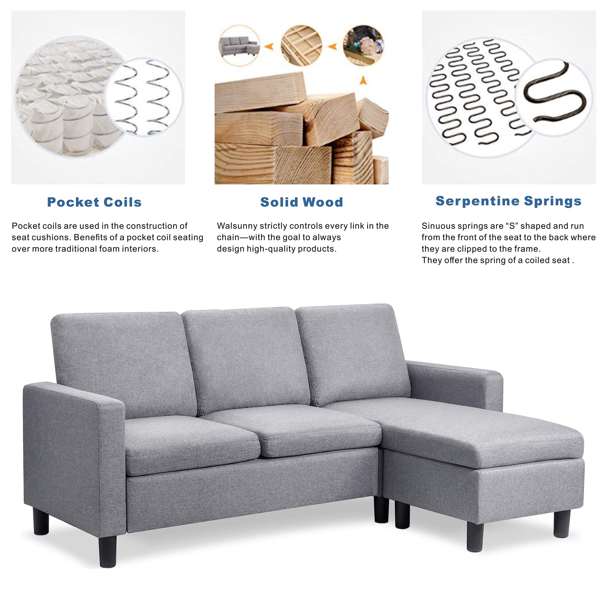 Walsunny Convertible Sectional Sofa Couch with Reversible Chaise, L