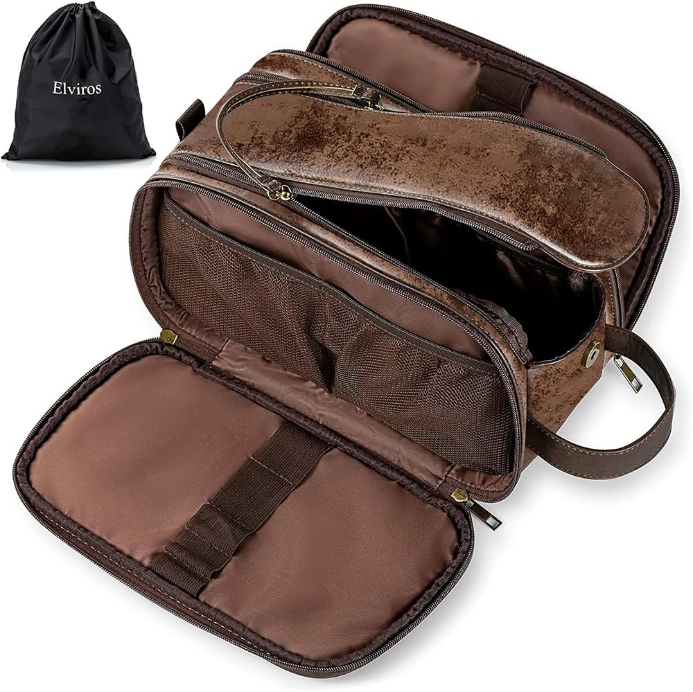 Elviros Water-Resistant PU Leather Toiletry Bag Men Large Travel Dopp Kit