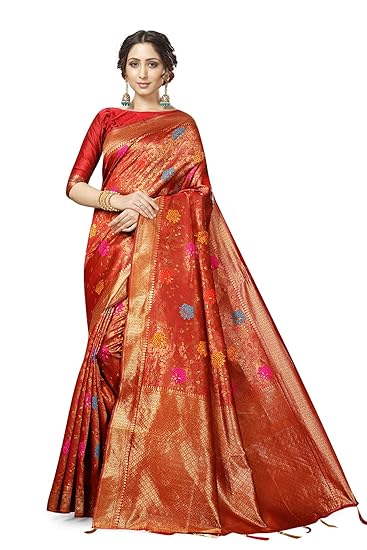 Divaastha Red Lichi Silk Floral Print Saree with Blouse Piece (APP002RED)