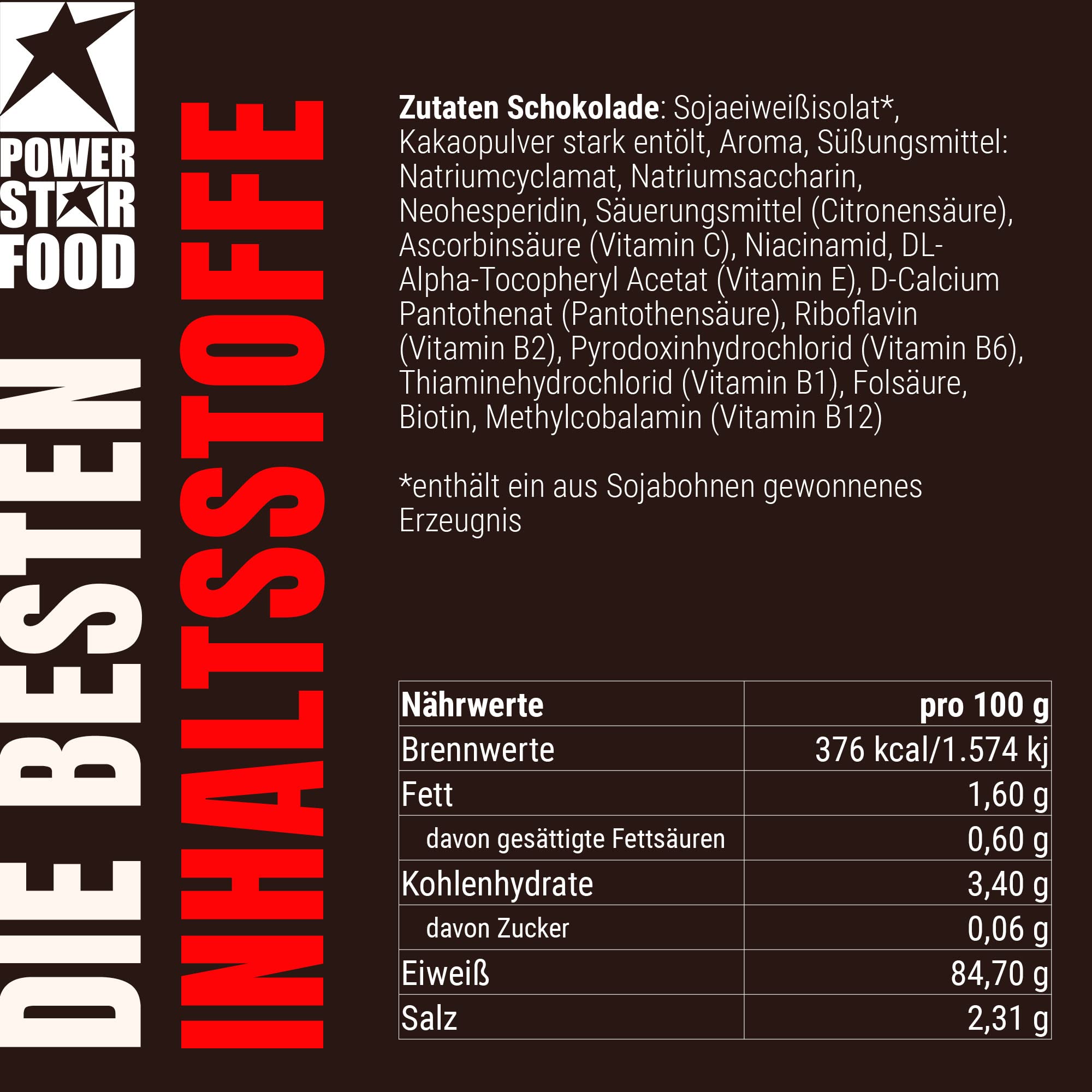 Powerstar SOY 90+ | 1kg Soja-Protein-Isolat ohne Zucker-Zusatz | Made in Germany | Gentechnisch unverändert | 1000g Pflanzliches Eiweiß-Pulver mit 93% Protein i.Tr. | Vegan & laktosefrei | Chocolate 4