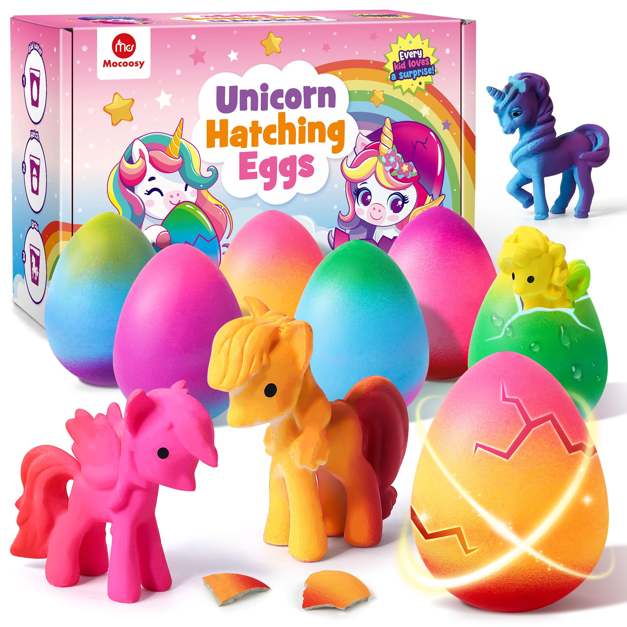 Mocoosy Unicorn Hatching Rainbow Eggs for Kids, Easter Gifts for Kids, 6 Pack Magic Surprise Growing Egg Unicorn Toys Gifts for Girls Age 4-8, Party Favour Birthday Gift for 3 4 5 6 7 8 Year Old Girls