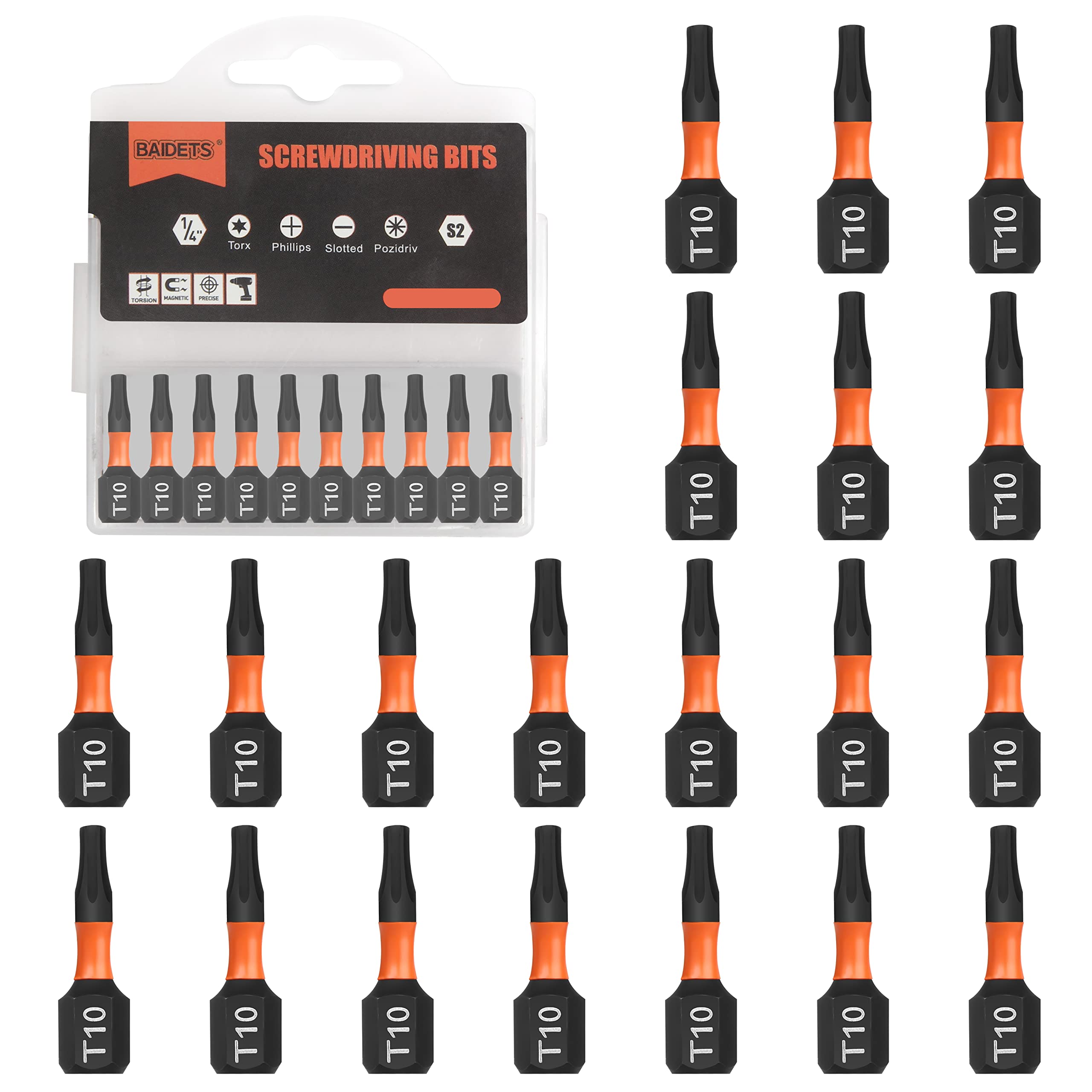 BAIDETS Pro T10 Bit Assortment - Screwdriver Bits Set 20Pcs, 25mm Length, Torx Screwdriver Bit, 1/4 Inch Hex Shank, with Storage Box — image 1