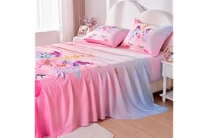 VIVILINEN Queen Size Sheet Set 4 Piece Queen Bed Sheets Set for Girls Pink Unicorn Kids Sheets Set for Teens Bedding Set Include Flat Sheet, Deep Pocket Fitted Sheet and Pillowcase