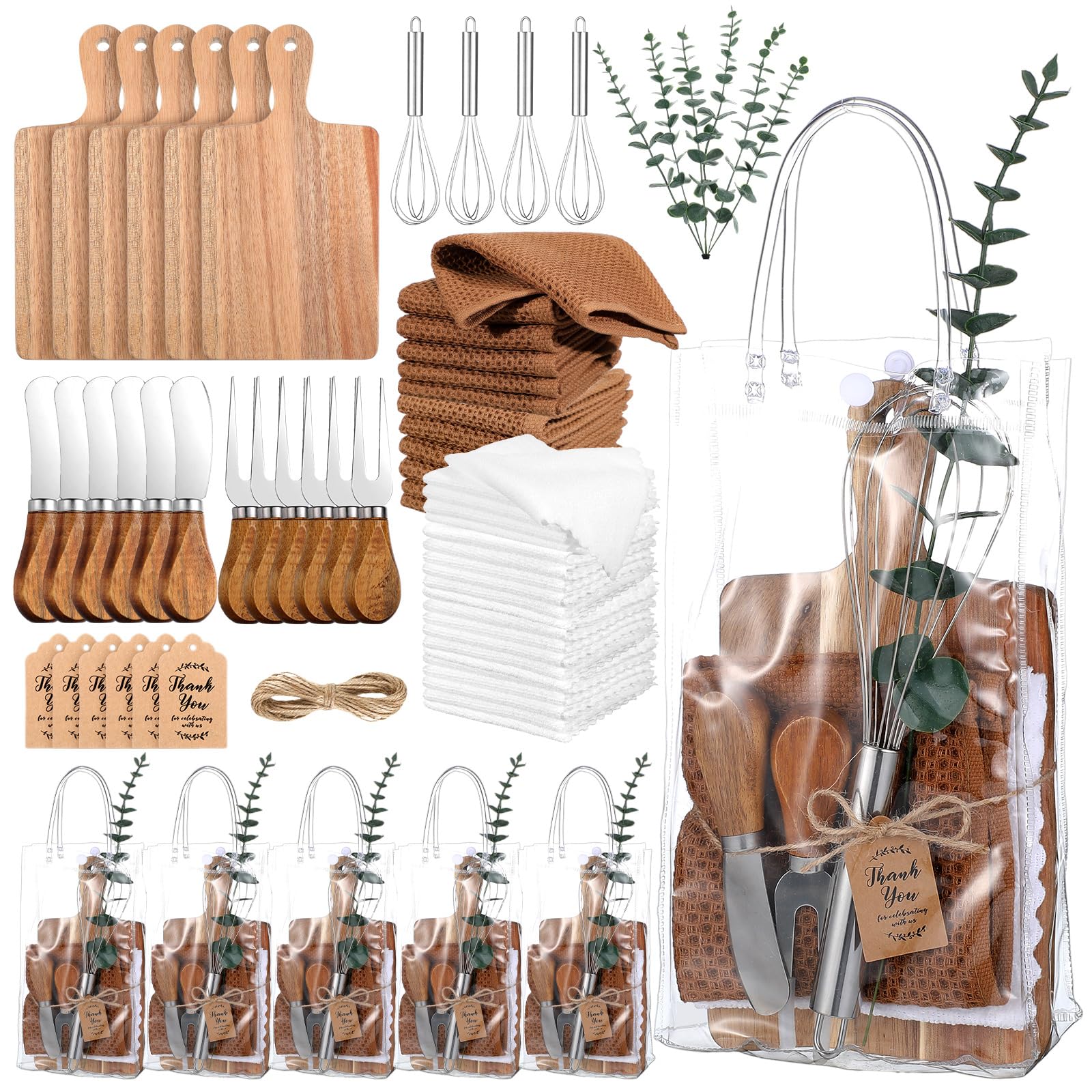 Photo 1 of Patelai 6 Sets Baby Shower Prizes for Game Player Baby Shower Winners Gifts Bamboo Cheese Boards Forks Knives Towels Whisks Artificial Eucalyptus Stems Bags Thank You Cards for Guests Bridal Favors
