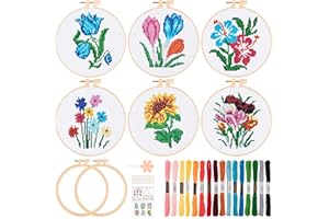 JSRQT 6Pcs Flower Cross Stitch Beginner Kit for Adult Kids, DIY Craft Art Handmade Needlepoint Embroidery Kit for Craft Lover
