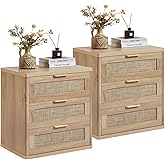 LEYAOYAO Rattan Night Stand Set of 2 with Drawers, 23" Large 3 Drawer Boho Nightstand, Natural Wood Bedside Table Storage Cabinet, Bed Side End Tables Dresser for Bedroom, Living Room, Hallway, Closet