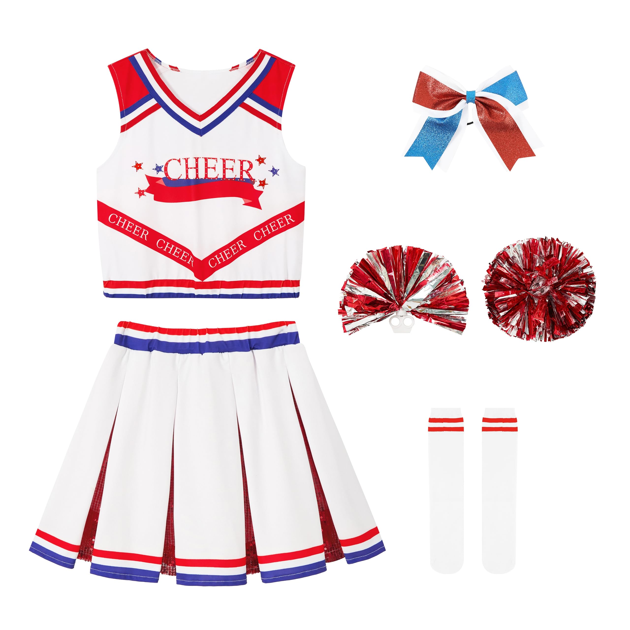 LOLANTA Girls Red Cheerleader Costume Kids Sequin Cheerleading Outfit with Pompoms Socks, High School Musical Costume for Girls(Red,9-10 Years,Tag Size 140)