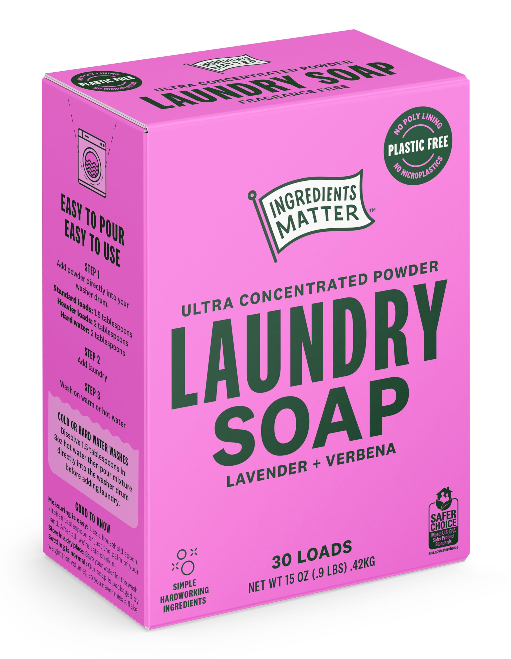 Photo 1 of Ingredients Matter Powder Laundry Soap - Lavender Scent, Hypoallergenic Detergent, Natural & Eco-Friendly, Plastic Free, Made in USA, Natural Essential Oils & Dermatologist Tested - 15 oz, 30 Loads
