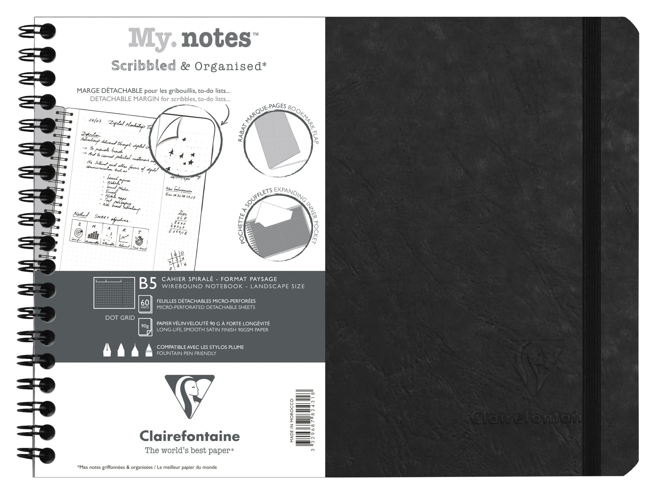Clairefontaine 782431C Age Bag MyNotes Black Spiral Notebook w/ Margins - B5 25x19cm - 120 Detachable Pages DOT - 90gsm White Paper - Card Cover Leather Grain