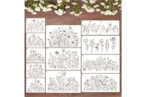 HUAHUI 13 Pieces Wildflower Stencils Flower Stencils for Painting Wood, Reusable Spring Floral Field Plants Wild Flower Stencil for Crafts Wall Canvas Fabric Paper DIY Furniture Card