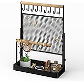 IOAIANIA Jewelry Organizer Stand, Liftable Necklace Holder with Earring Organizer Net, 9 Hooks Necklaces Storage Wooden Handing Bar for Bracelets Watches Rings (Black)