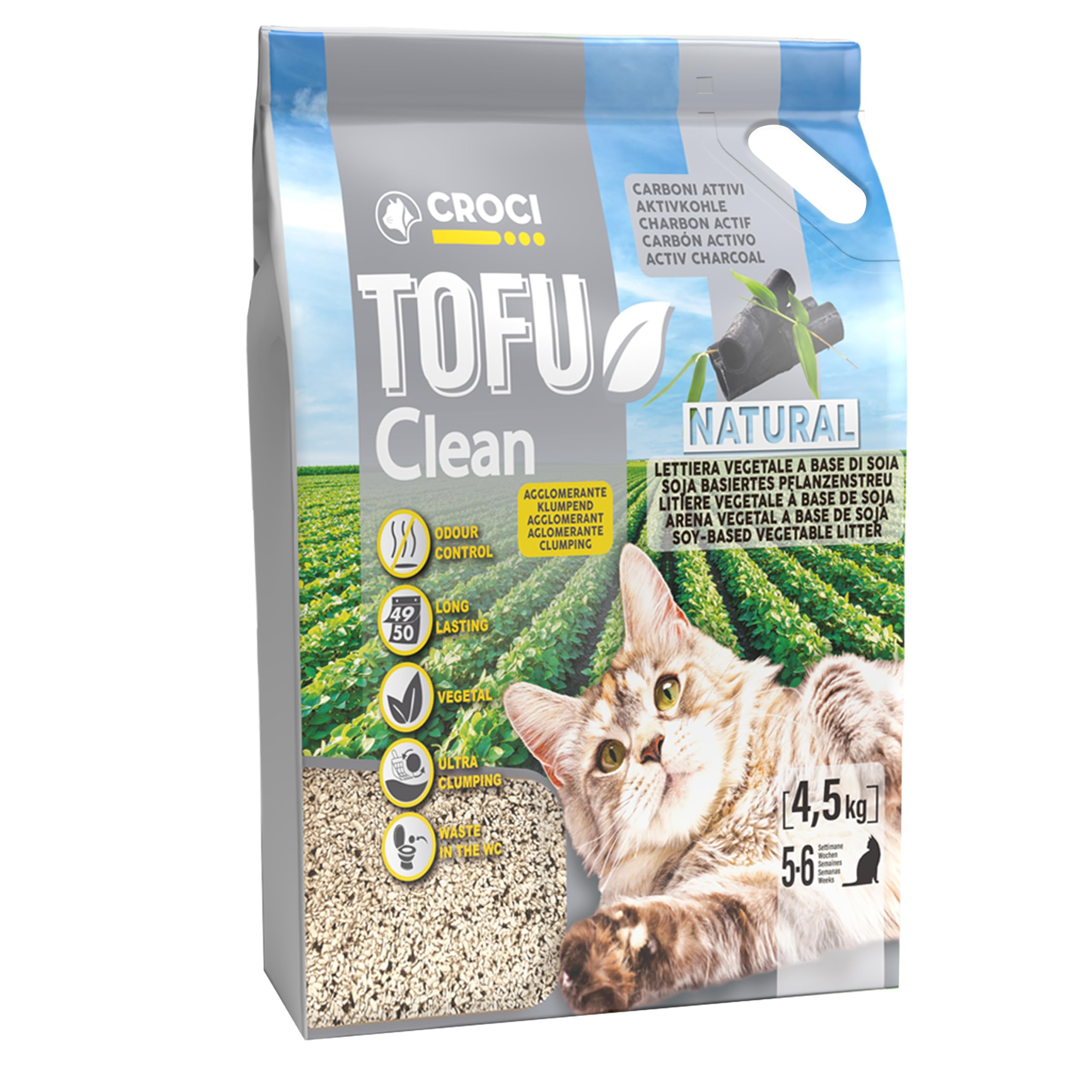 Croci Tofu Clean 10L Activated Carbon Litter – Cat Litter Bouncing Odour Free with Activated Carbon, Biodegradable to Throw Into the Toilet, 100% Vegetable, Long-Lasting Sand