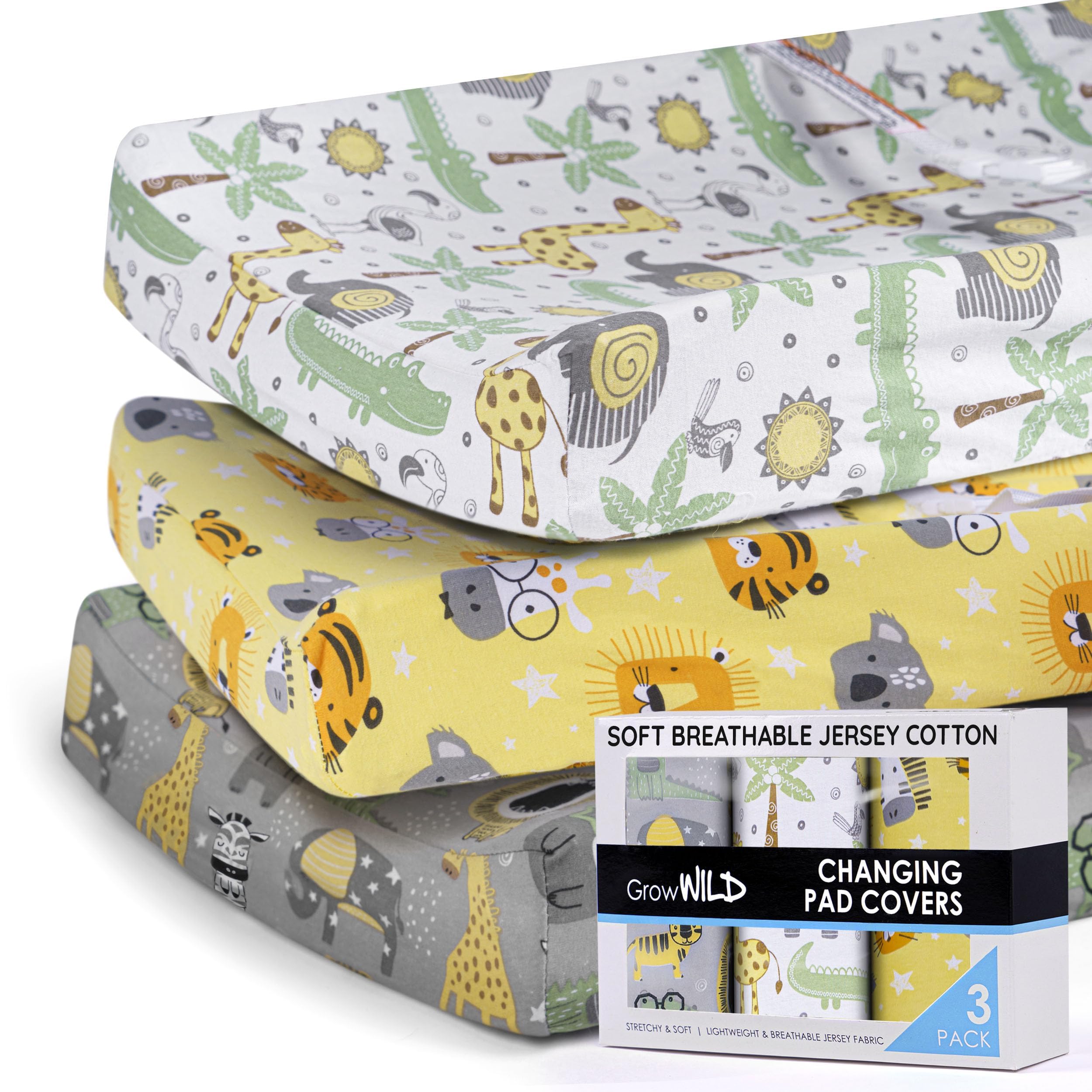 Photo 1 of GROW WILD Changing Pad Cover 3 Pack | Soft & Stretchy Jersey Cotton | Baby Changing Table Pad Cover | Diaper Changing Pad Covers for Girls and Boys (Animals & Safari)