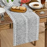 Artoid Mode Dark Grey Rustic Cotton Linen Table Runner 13x72 Inch | Seasonal Embroidered Hollow Dresser Kitchen Dining Table Decor for Home Party