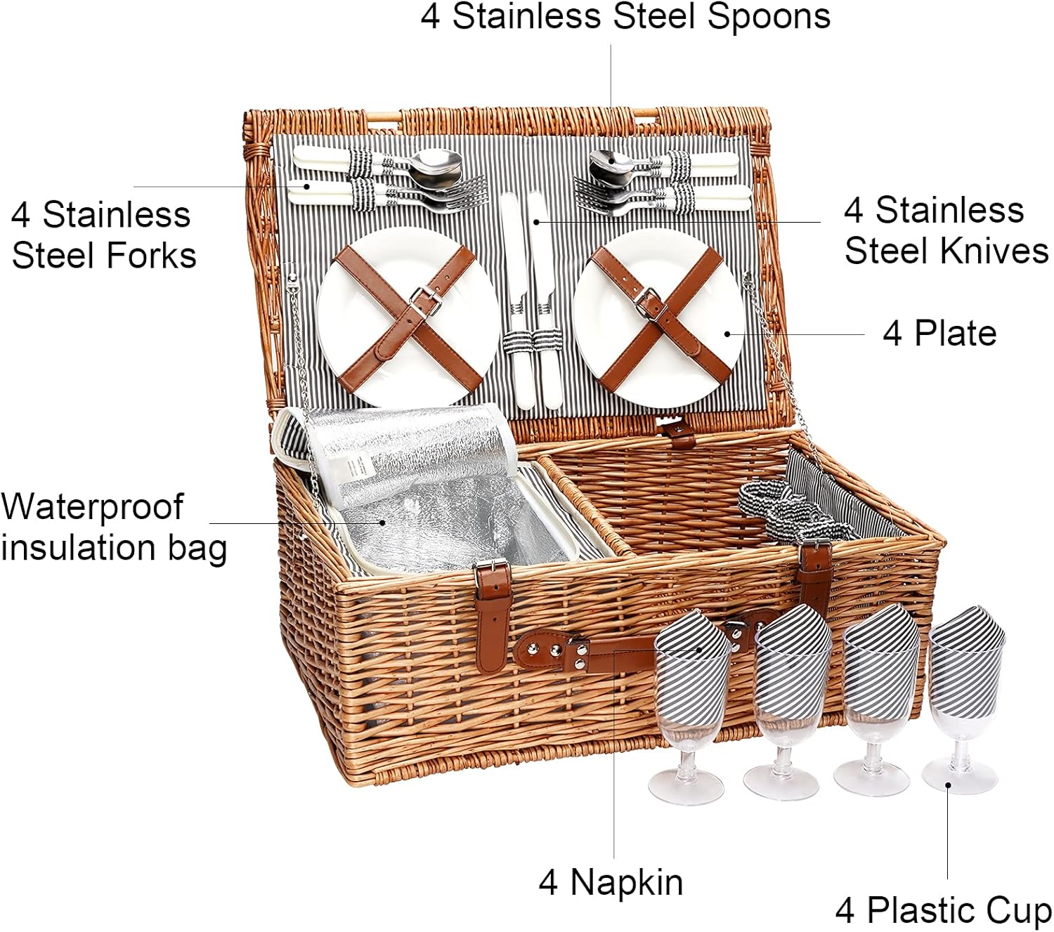 ZORMY 4 Person Picnic Basket, Large Willow Hamper Set with Insulated Compartment, Handmade Large Wicker Picnic Basket Set with Utensils Cutlery - Perfect for Picnicking, Camping : Garden & Outdoor