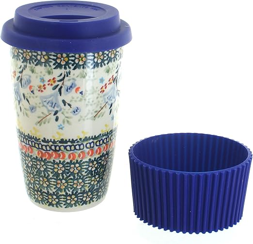 Amazon Com Blue Rose Polish Pottery Periwinkle Travel Coffee Mug Kitchen Dining