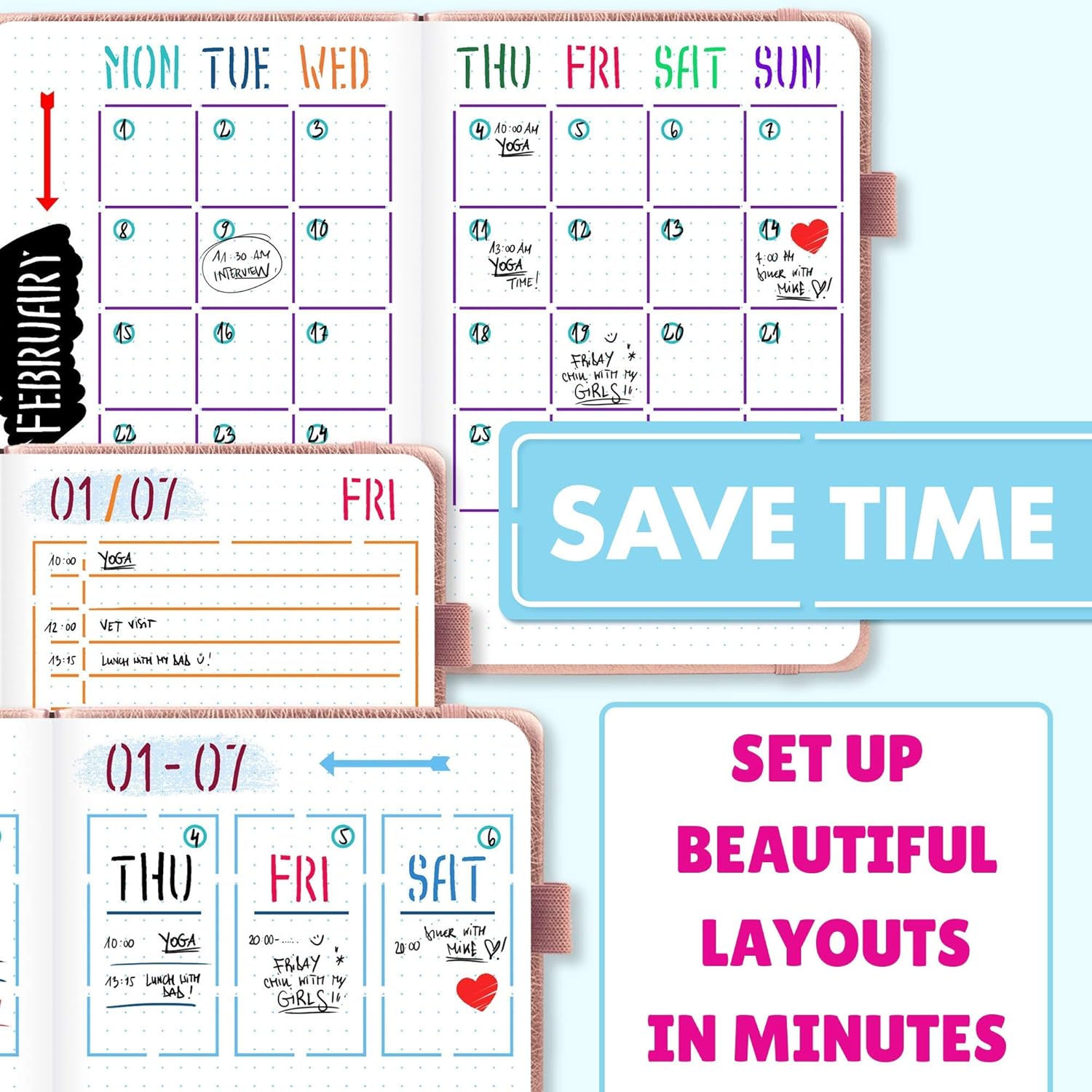 Ultimate Productivity Stencils and Planner Stickers for Journaling - Time Saving Journal Accessories/Supplies to Create Layouts Easily - Incl. Bullet Point Checklists, Daily/Weekly/Monthly Calendars : Kitchen & Dining
