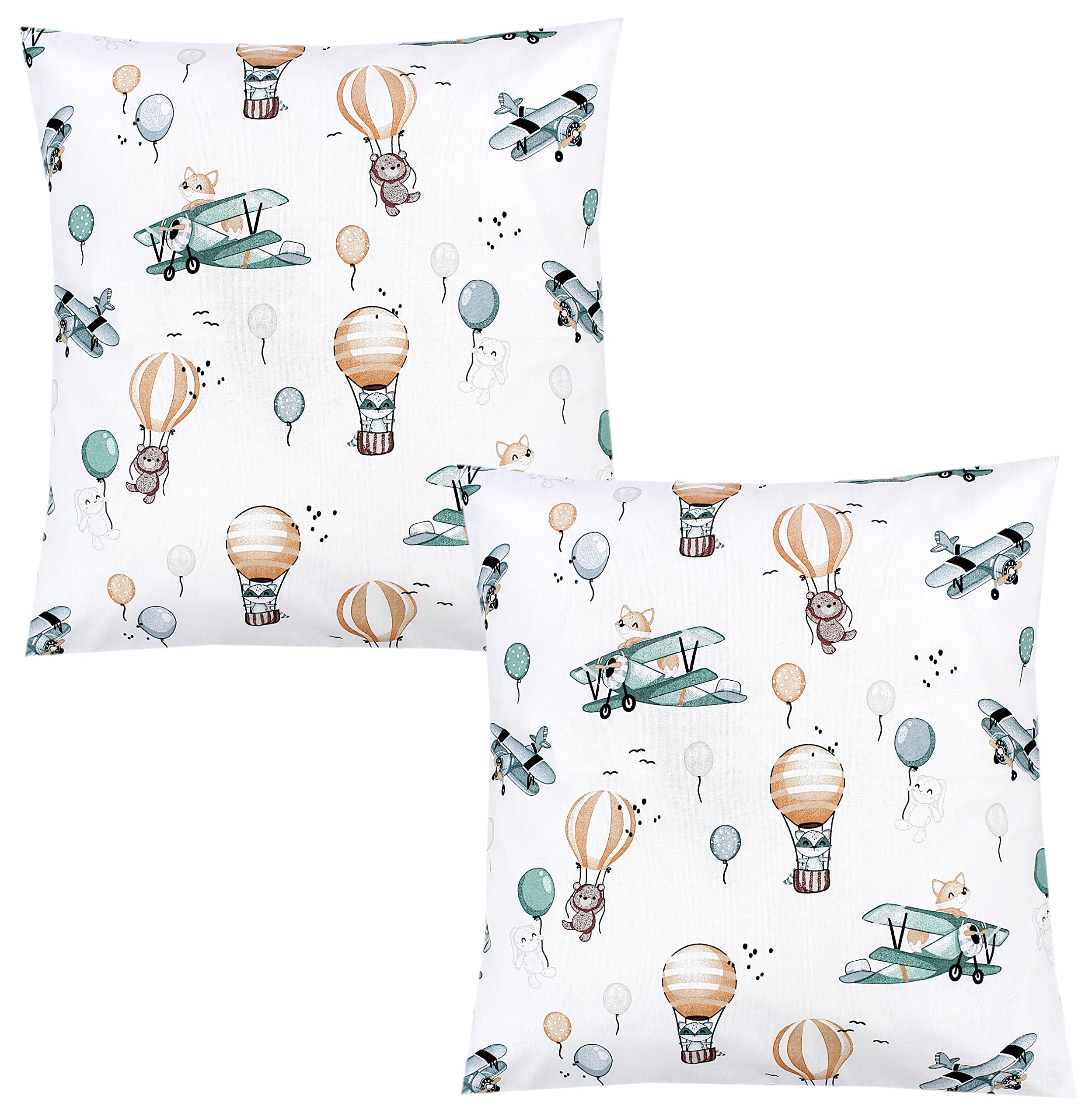 TupTam Children's Cushion Cover Decorative Patterned with Hotel Fastener Set of 2, Foxes on the Plane/Green, 80 x 80 cm — image 1