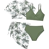 Girls Swimsuit 4 Piece Tropical Print Bikini Set Twist Criss Cross Bathing Suit with Kimono and Cover Up 9-16Y
