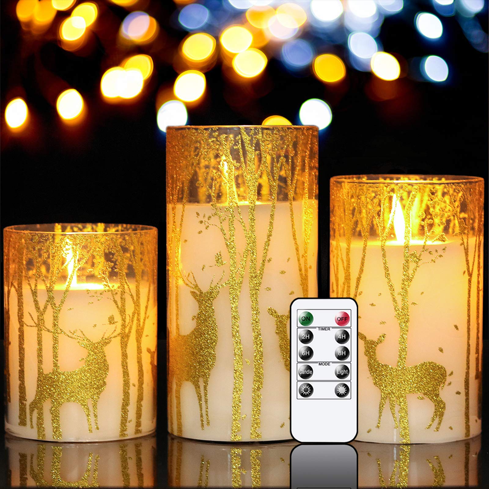 Eldnacele Glass Flameless Candles Flickering with Timer Remote, 3 Pack Gold Reindeer Elk Decal Real Wax Candles Lights Include Realistic Dancing Flames and for Christmas Home Decoration