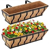 VOXOR Railing Planter Boxes, Heavy Duty Window Box Planters, Adjustable Balcony Planters for Railing Hanging, with Coco Liner & Support Rod for Deck, Porch, and Patio Gardening (2 Pack, 24 Inch)