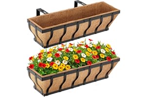 VOXOR Railing Planter Boxes, Heavy Duty Window Box Planters, Adjustable Balcony Planters for Railing Hanging, with Coco Liner & Support Rod for Deck, Porch, and Patio Gardening (2 Pack, 24 Inch)