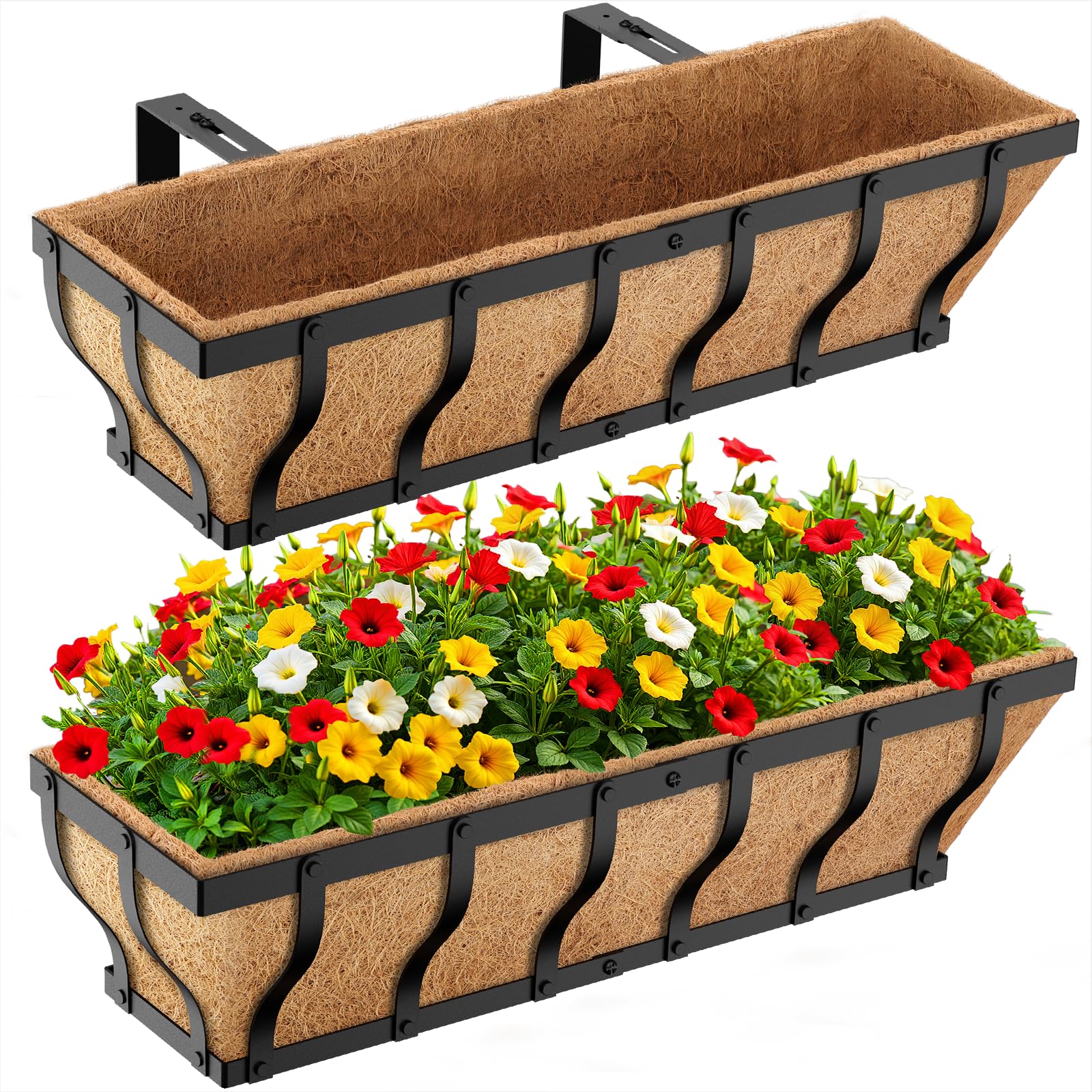 Photo 1 of Railing Planter Boxes, Heavy Duty Window Box Planters, Adjustable Balcony Planters for Railing Hanging, with Coco Liner & Support Rod for Deck, Porch, and Patio Gardening (2 Pack, 24 Inch)