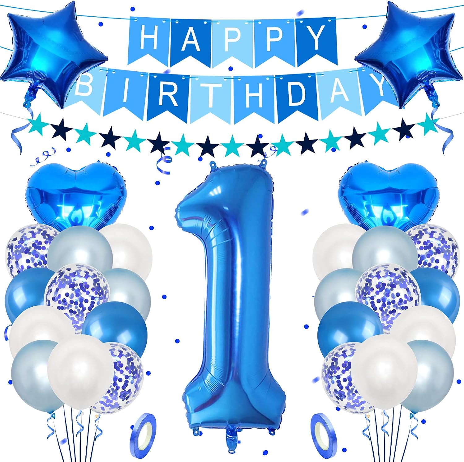 Unisun 1st Birthday Decorations for Boy 40 inch Helium Foil Balloon Number 1, Light Blue White Confetti Latex Balloons