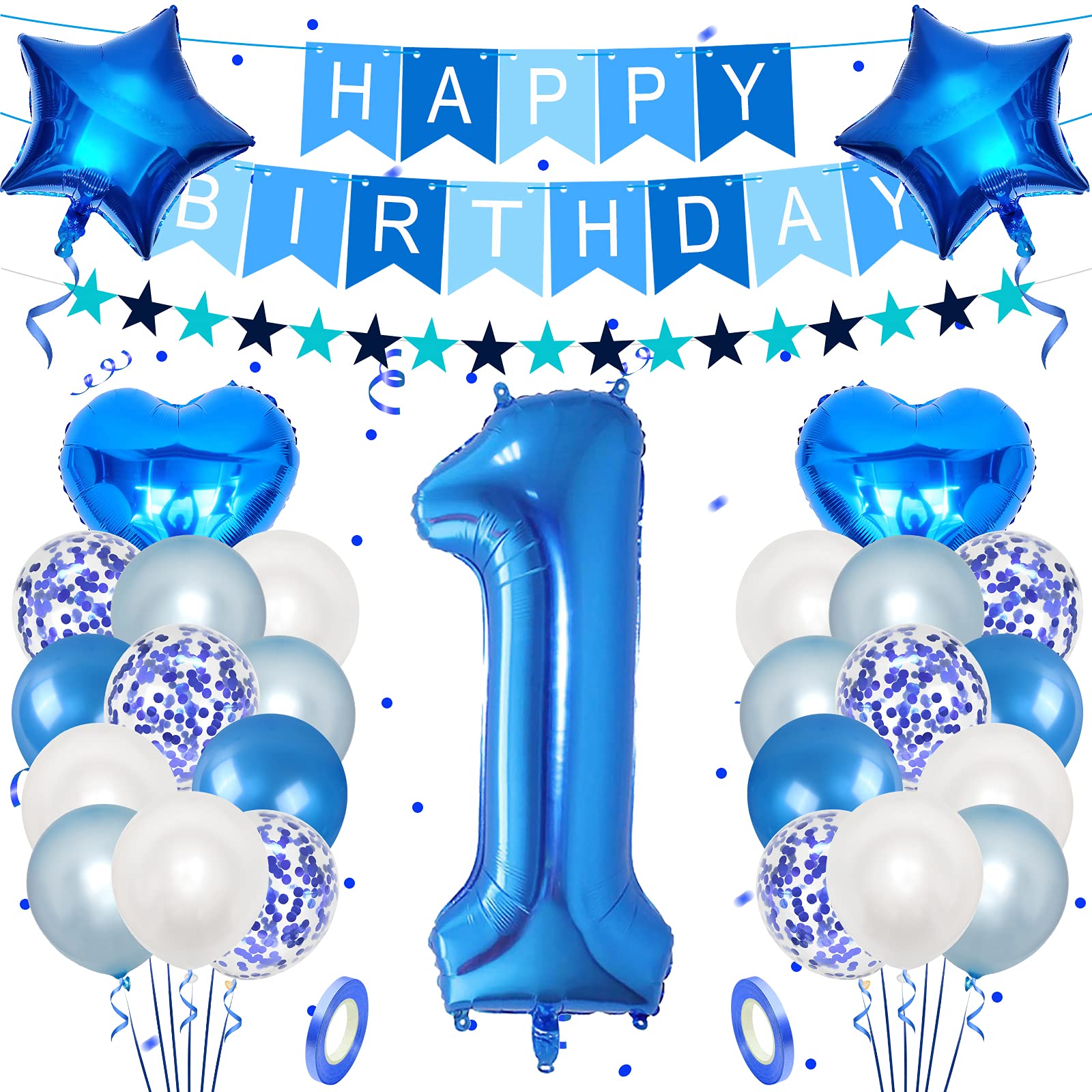 Unisun 1st Birthday Decorations for Boy, 40 inch Helium Foil Balloon Number 1, Light Blue White Confetti Latex Balloons, Happy Birthday Banner with Ribbon for 1 Year Kid's Party Supplies