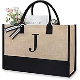 TOPDesign Personalized Initial Canvas Beach Bag, Monogrammed Gift Tote Bag for Women