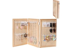 HUMBERBOAT Wooden Foldable and Portable 3-Panel Pegboard Jewelry Display Organizer with 24 Removable White Metal Hooks for Bracelets, Earrings and Keychains, Versatile Countertop Rack for Store, Tradeshow Home