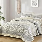 WONGS BEDDING Boho Quilt Set King Size,Beige Bohemian Striped Patchwork Bedspread Set,3 Pieces Microfiber Bedding Set for All Seasons (104"×90")