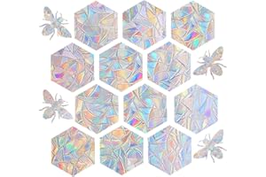 ORANGETAG 16 Pieces Hexagons and Bee Window Clings - Anti-Collision Window Decals to Save Birds from Window Collisions,Non Adhesive Prismatic Vinyl Window Clings, Rainbow Stickers