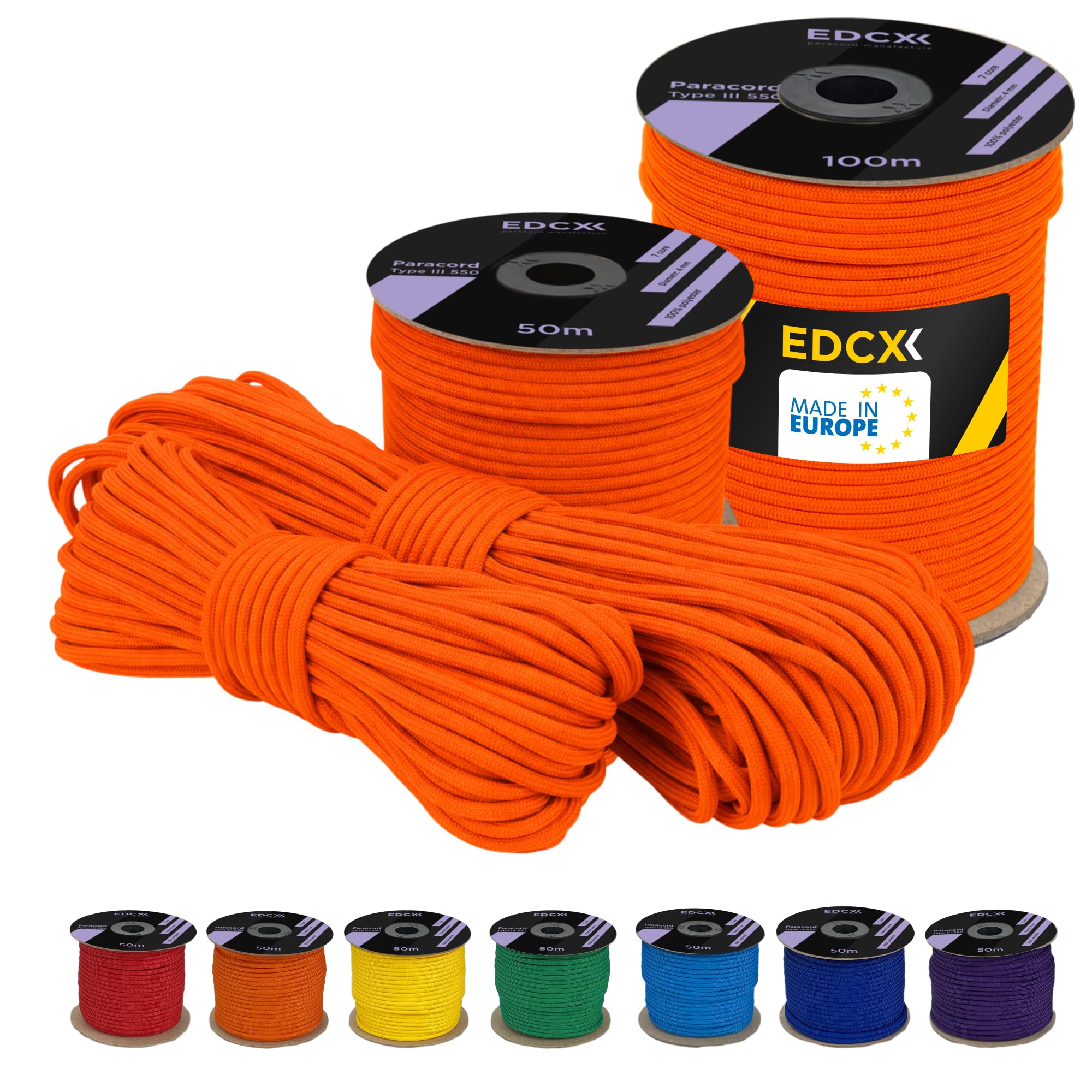 EDCX 4 mm Polyester Paracord 550 (15, 30 and 50 m) – 4 mm Type III, Tear-Resistant Parachute Cord for Survival Made of 100% Polyester with 7 Wires | Solid Colours (Carrot, 30 m)