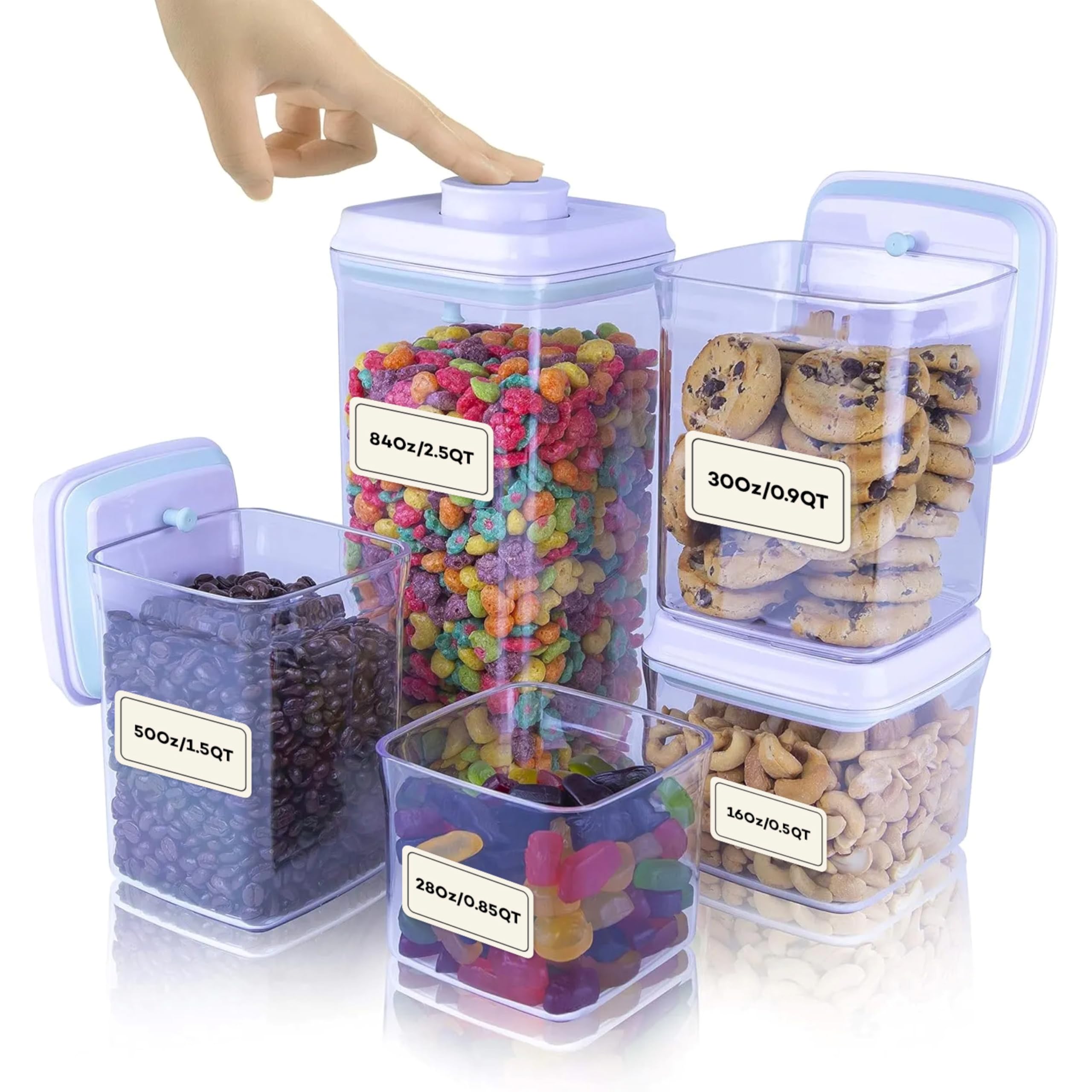 iChewie - BopTop (5pc Set) Airtight Food Storage Container – Mechanical Silicone Seal Canister - BPA-Free Stackable - 500ml / 850ml / 900ml / 1500ml / 2500ml