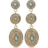 Western Earrings for Women, Oval Synthetic Turquoise Dangle Earrings Vintage Country Concert Concho Dangling Earring Nashville Cowboy Rodeo Outfit Dress Jewelry Gifts Accessories for Cowgirls