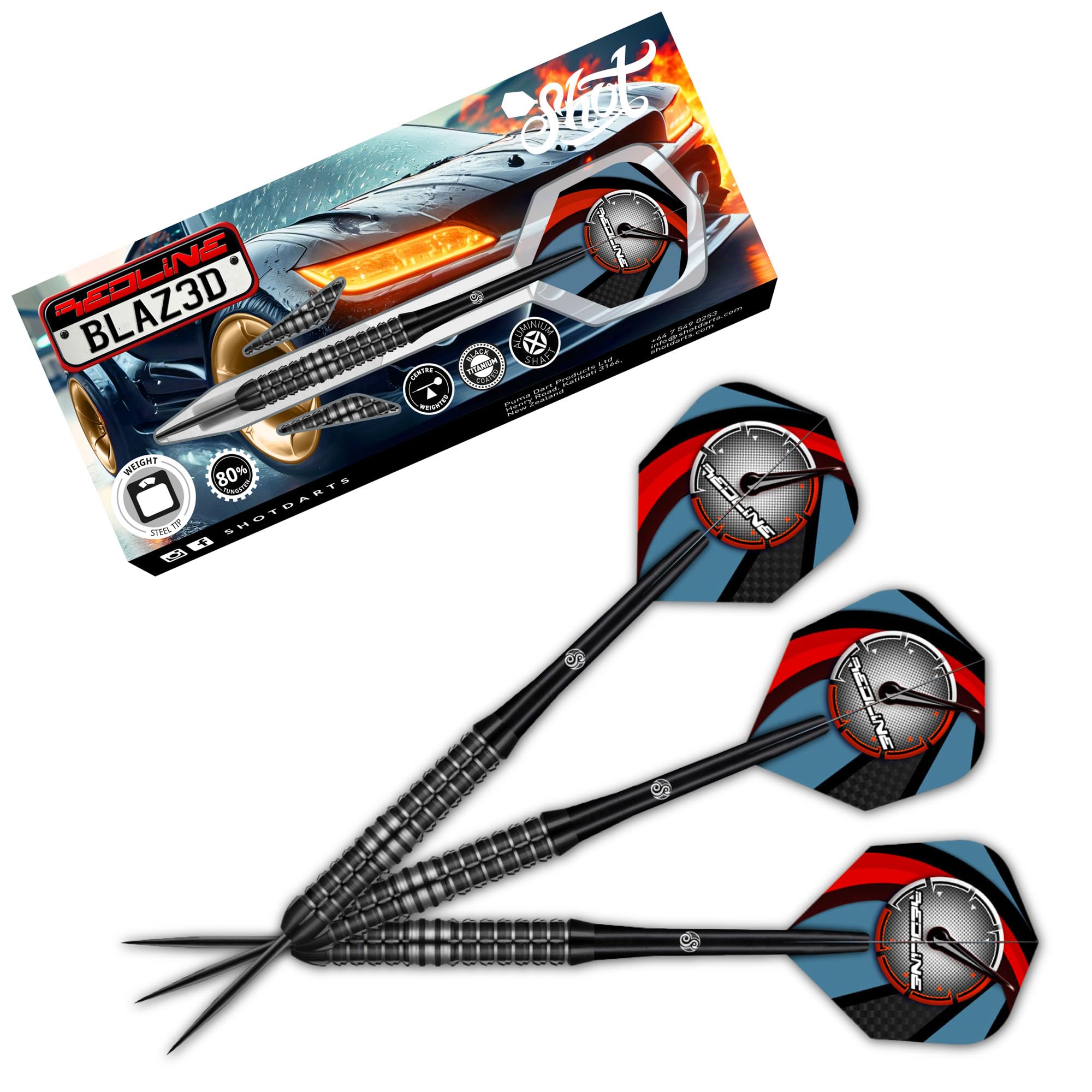 Shot! Darts Redline BLAZ3D Steel Tip Dart Set Front Weighted 80% Tungsten Barrels (24, Grams)