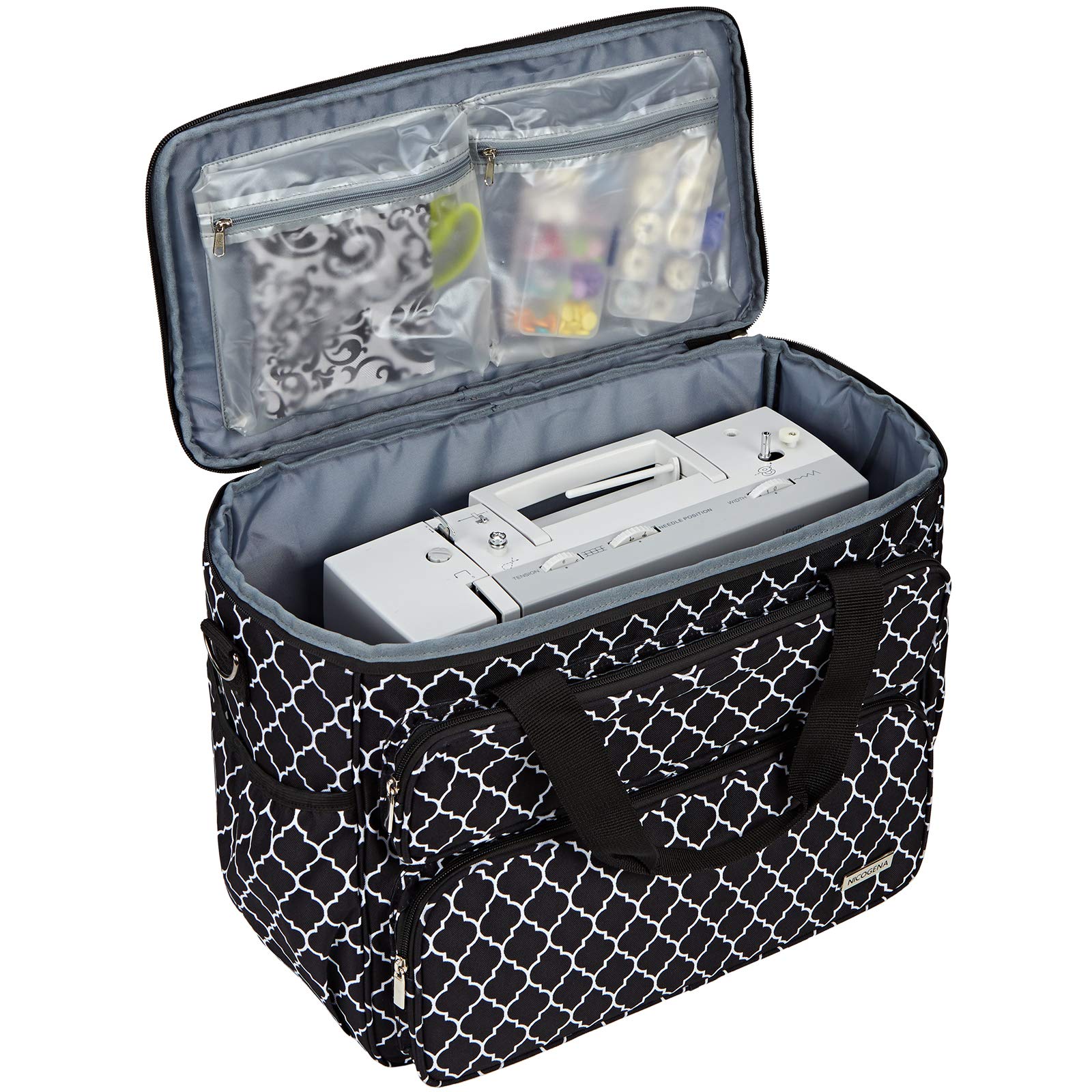 NICOGENA Sewing Machine Carrying Case, Universal Travel Tote Bag with Shoulder Strap for Singer, Brother, Janome and Accessories, Lantern Black